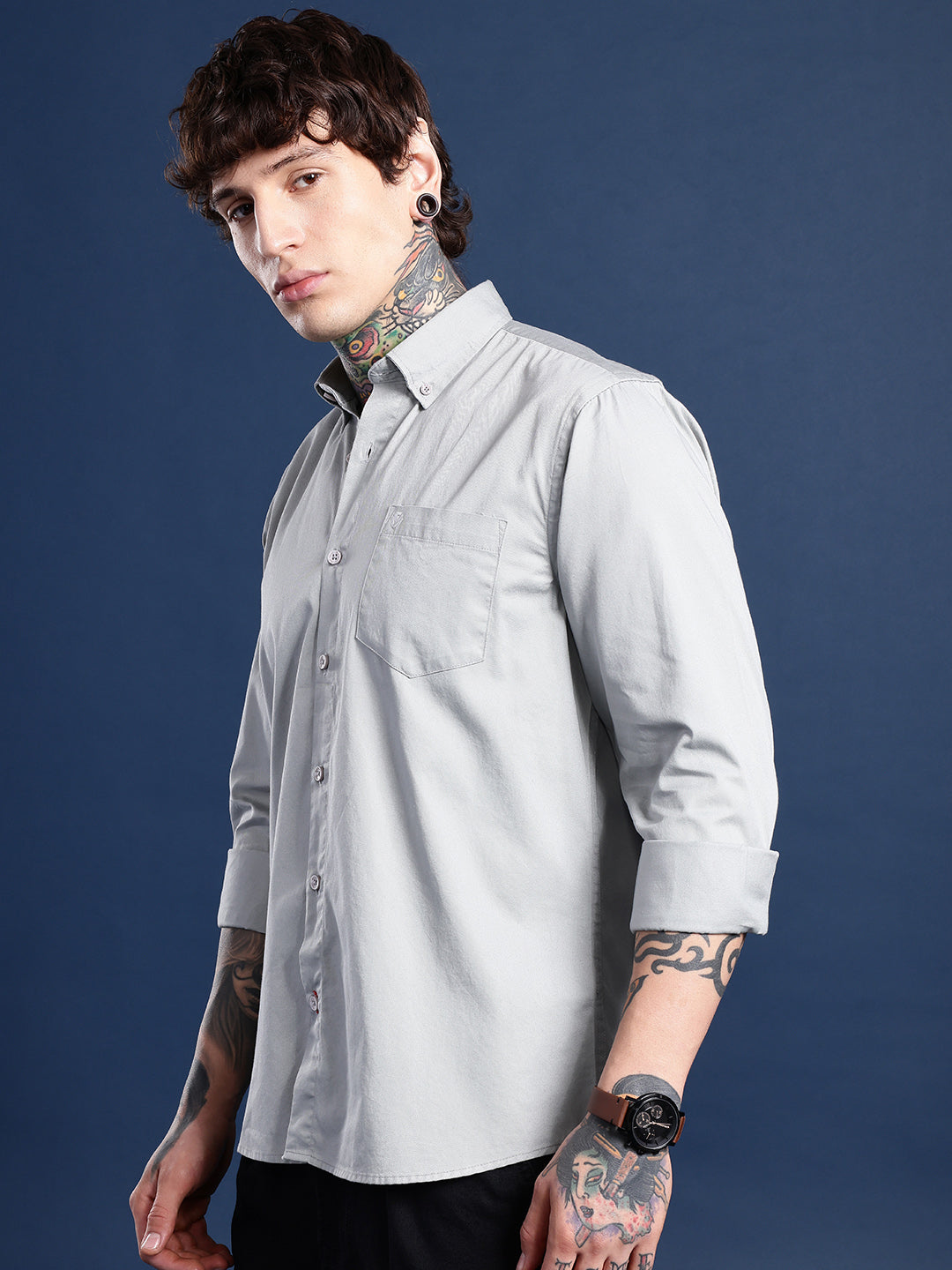 Cloud Grey Oxford Cotton Shirt – Button-Down Collar & Chest Pocket