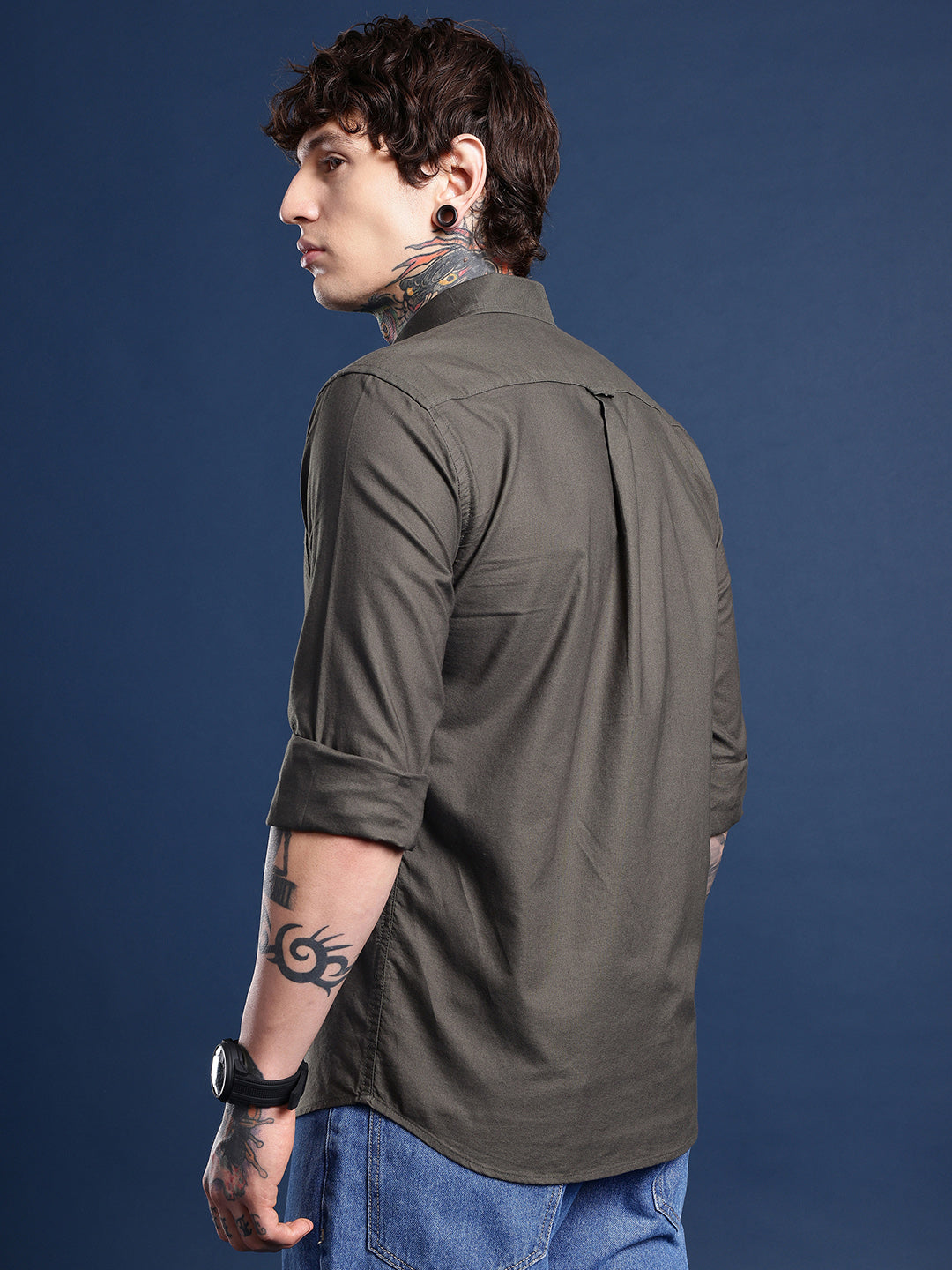 Olive Green Oxford Cotton Shirt – Button-Down Collar & Chest Pocket