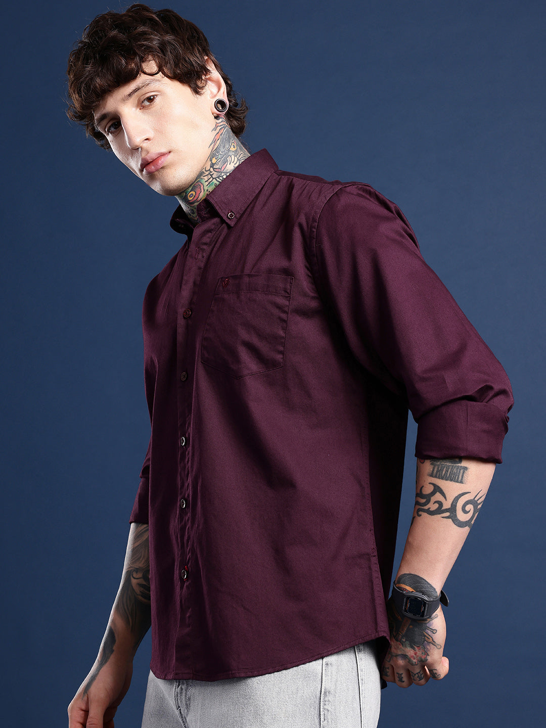 Wine Burgundy Oxford Cotton Shirt – Button-Down Collar & Chest Pocket