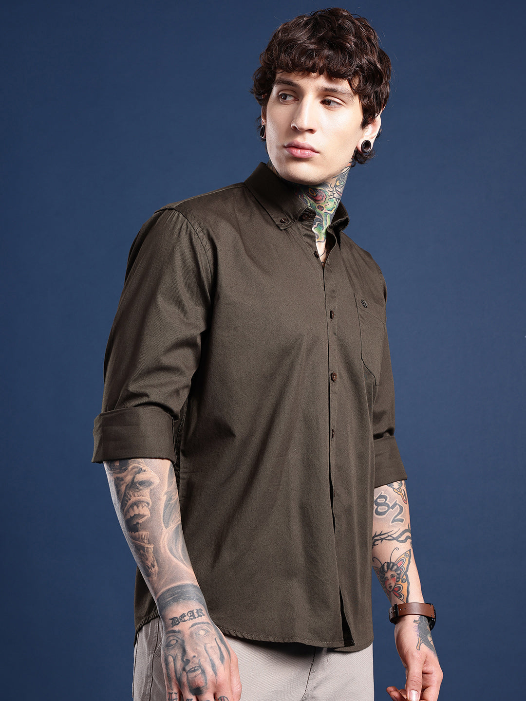 Dark Olive Oxford Cotton Shirt – Button-Down Collar & Chest Pocket