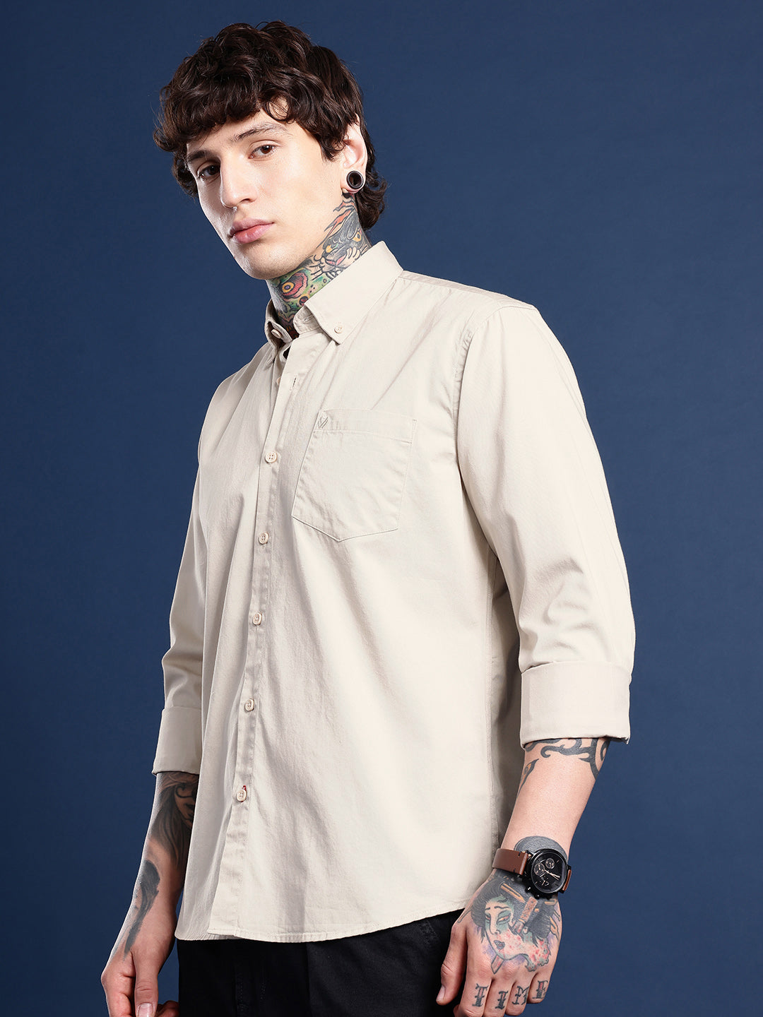 Ecru Beige Oxford Cotton Shirt – Button-Down Collar & Chest Pocket