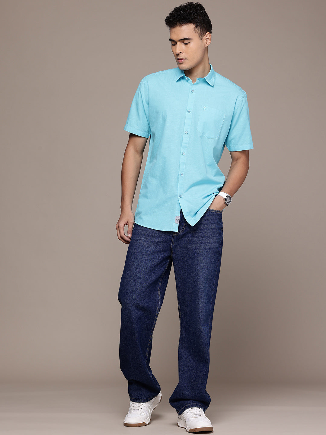 Men’s Sea Blue Linen Half Sleeves Casual Shirt