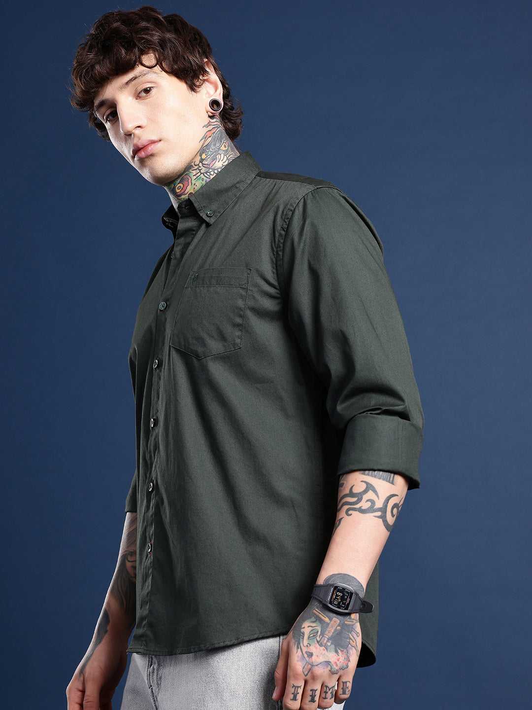 Forest Green Oxford Cotton Shirt – Button-Down Collar & Chest Pocket