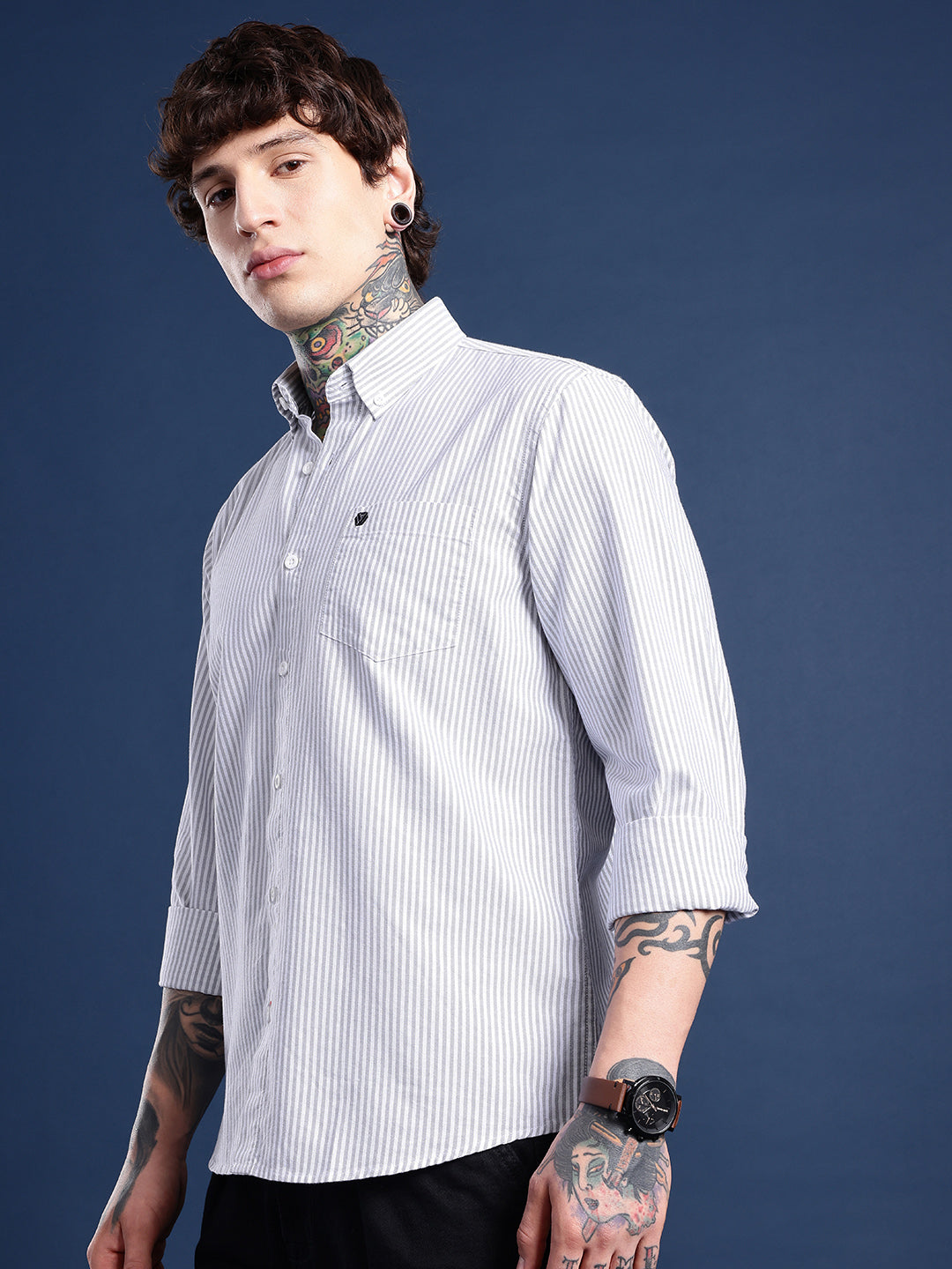 Grey Pinstripe Oxford Shirt – Button-Down Collar