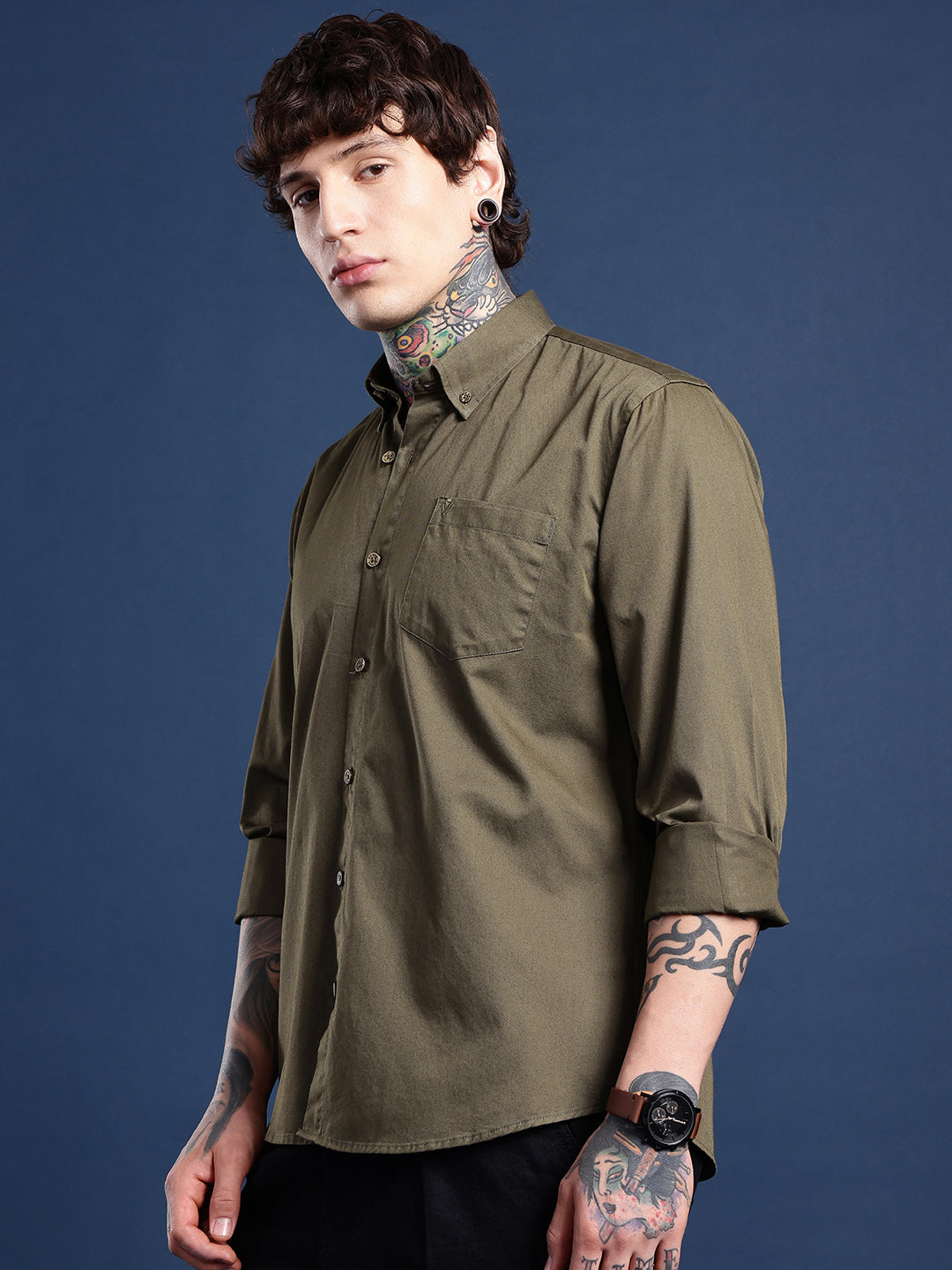 Army Olive Oxford Cotton Shirt – Button-Down Collar & Chest Pocket