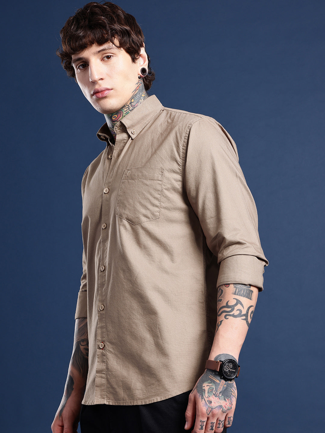 Sand Beige Oxford Cotton Shirt – Button-Down Collar & Chest Pocket