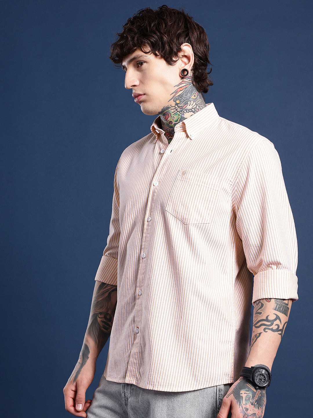 Peach & White Pinstripe Oxford Shirt – Button-Down Collar