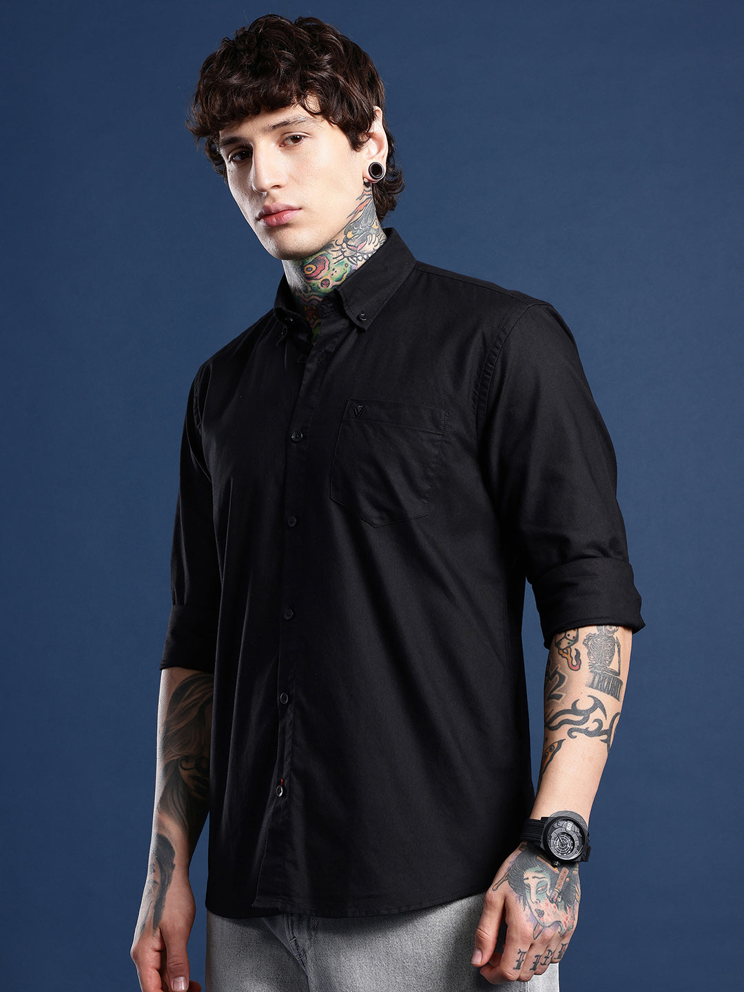 Jet Black Oxford Cotton Shirt – Button-Down Collar & Chest Pocket