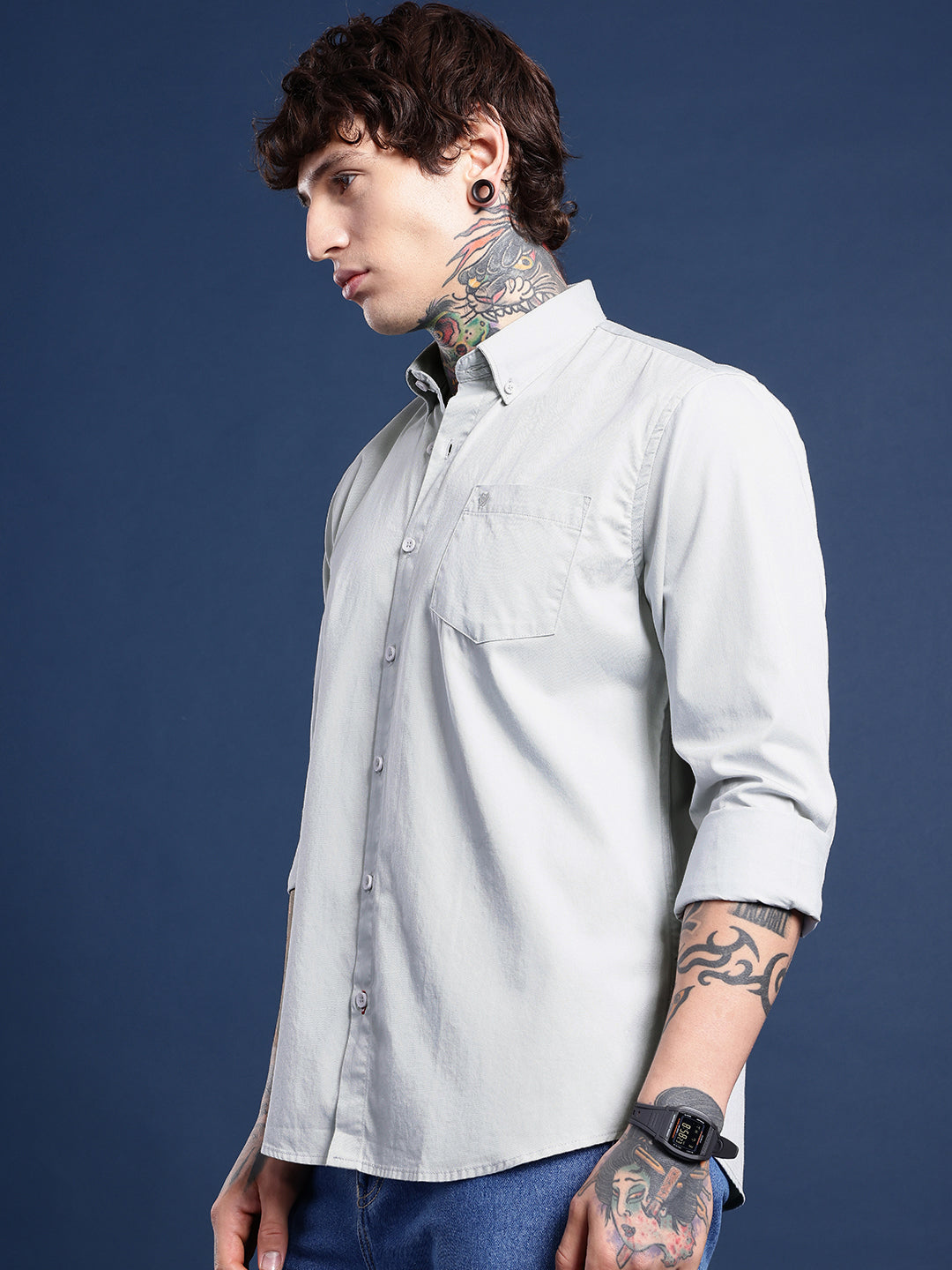 Silver Oxford Cotton Shirt – Button-Down Collar & Chest Pocket