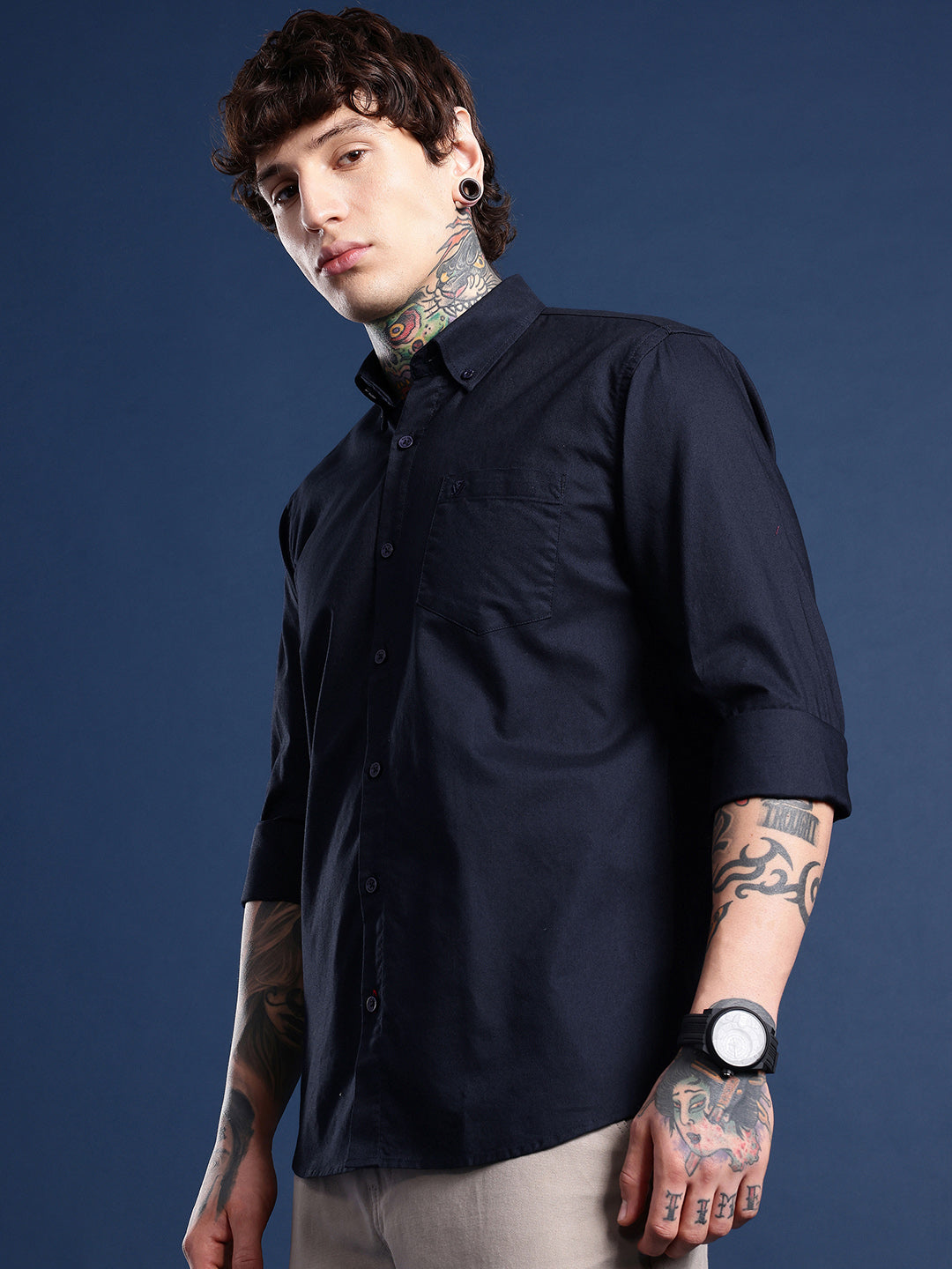 Navy Oxford Cotton Shirt – Button-Down Collar & Chest Pocket