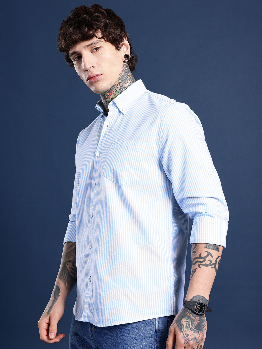 Sky Blue & White Pinstripe Oxford Shirt – Button-Down Collar