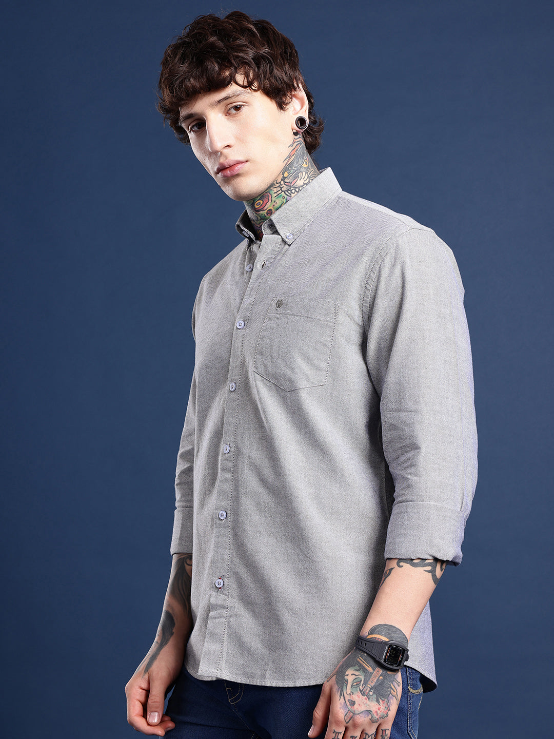 Slate Grey Oxford Cotton Shirt – Button-Down Collar & Chest Pocket