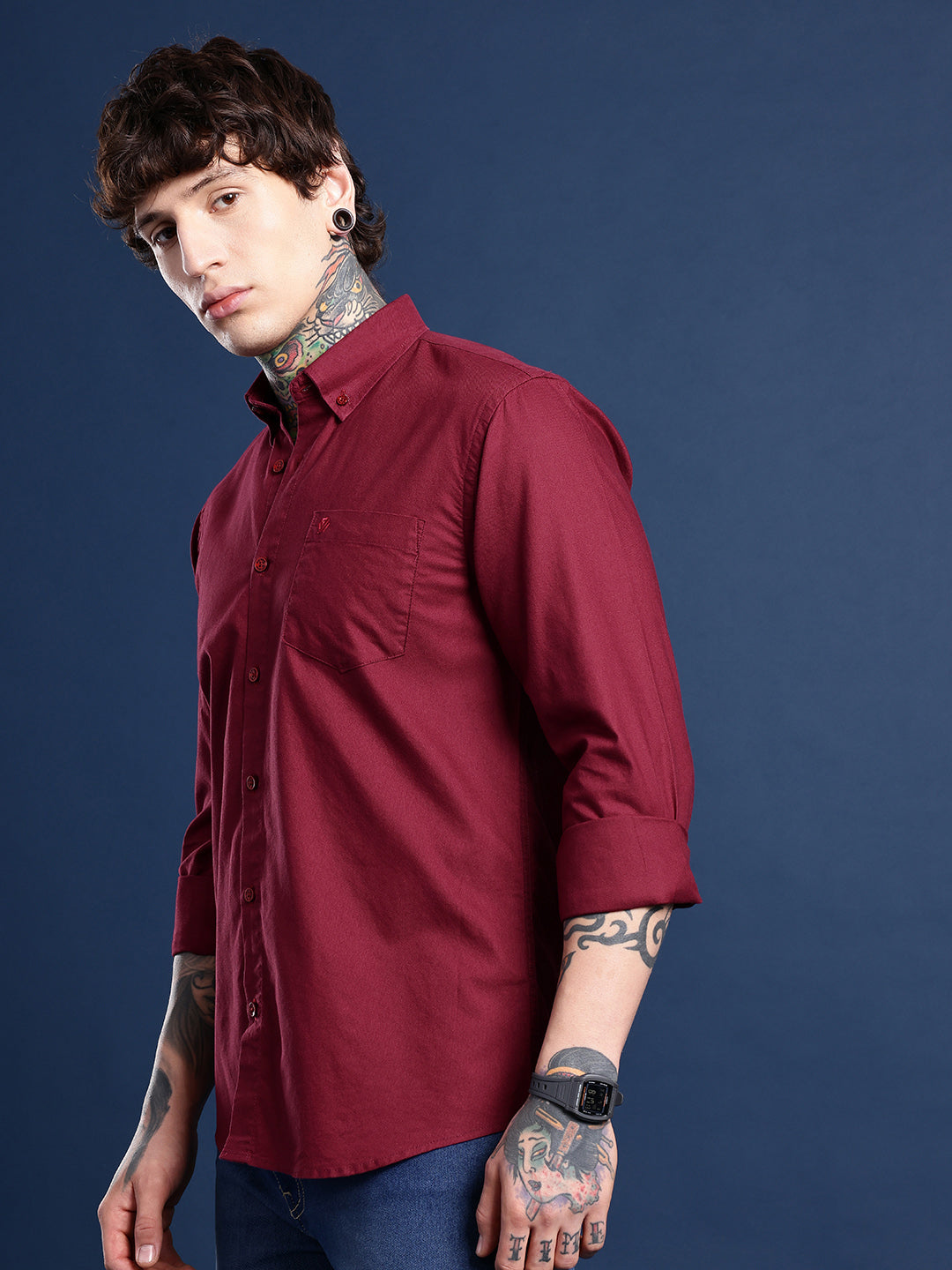Burgundy Oxford Cotton Shirt – Button-Down Collar & Chest Pocket