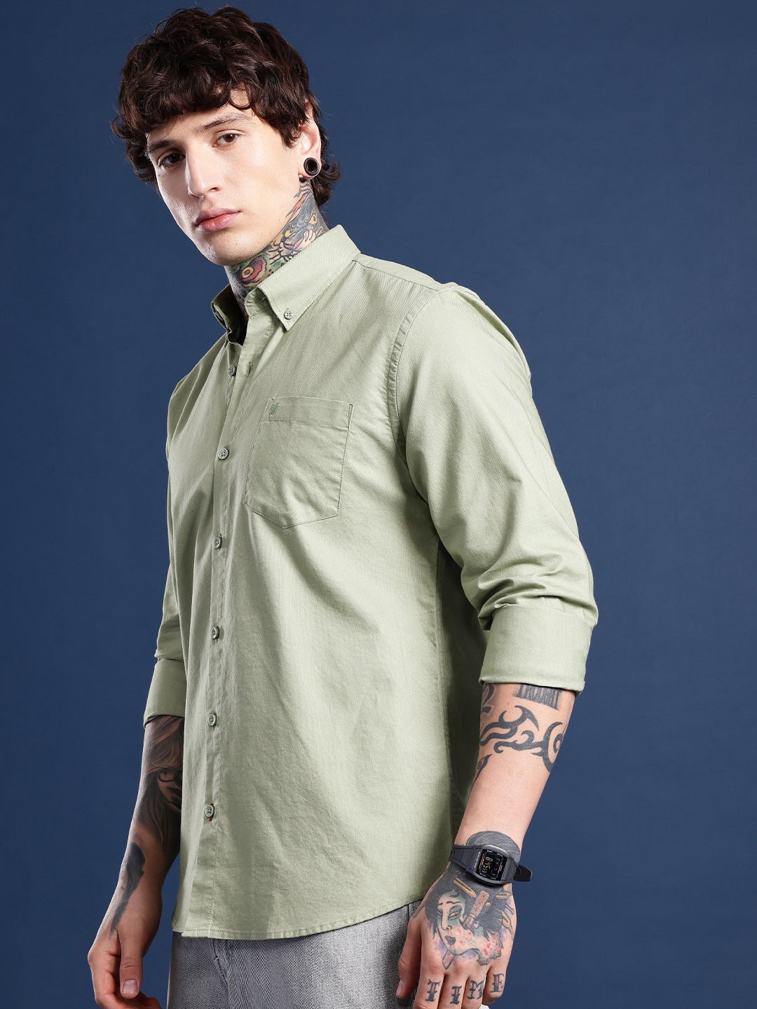 Sage Green Oxford Cotton Shirt – Button-Down Collar & Chest Pocket
