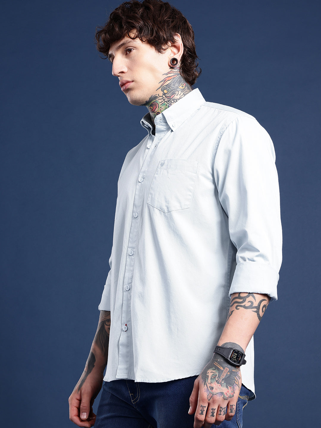 Ice Blue Oxford Cotton Shirt – Button-Down Collar & Chest Pocket