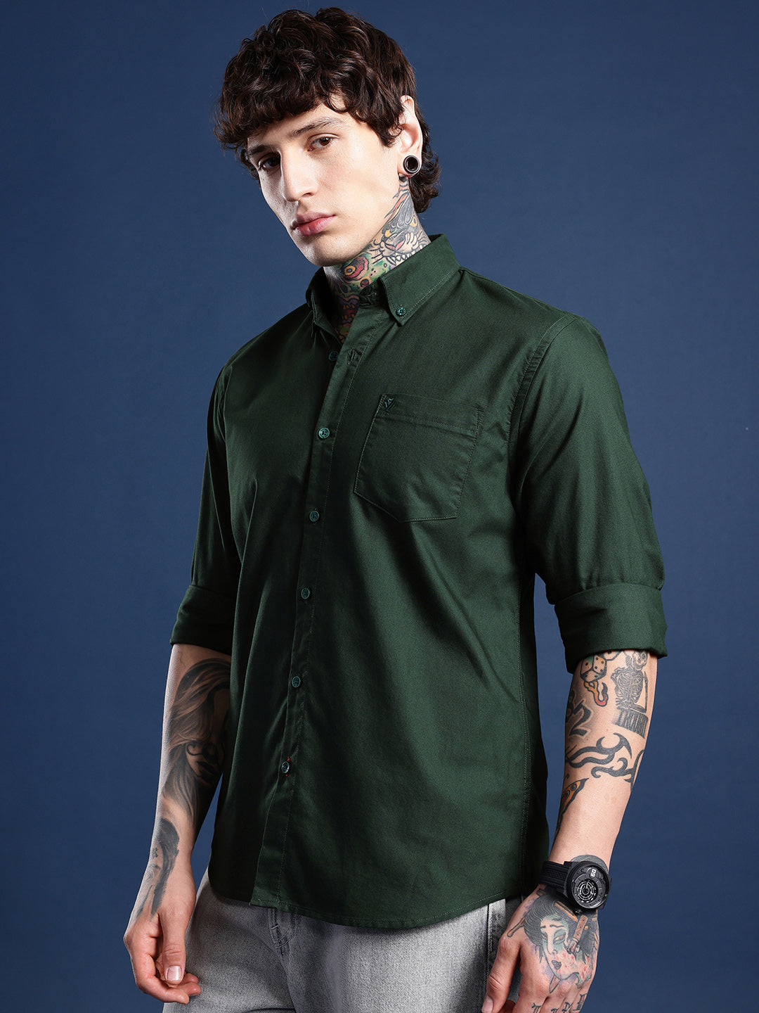 Bottle Green Oxford Cotton Shirt – Button-Down Collar & Chest Pocket