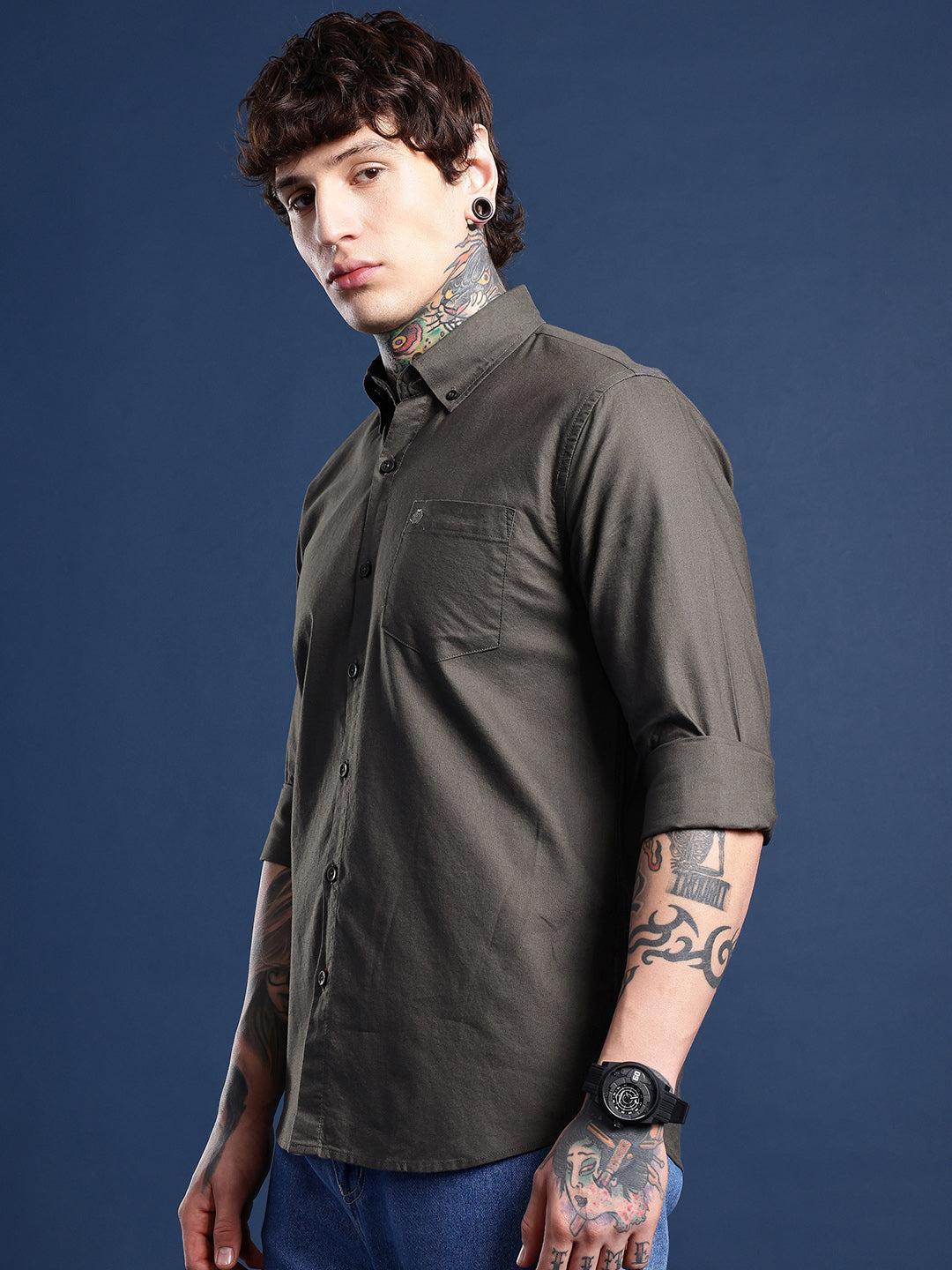 Olive Green Oxford Cotton Shirt – Button-Down Collar & Chest Pocket