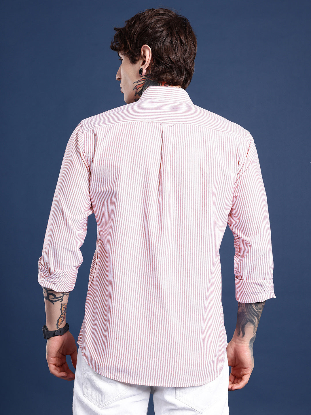 White & Maroon Pinstripe Oxford Shirt – Button-Down Collar