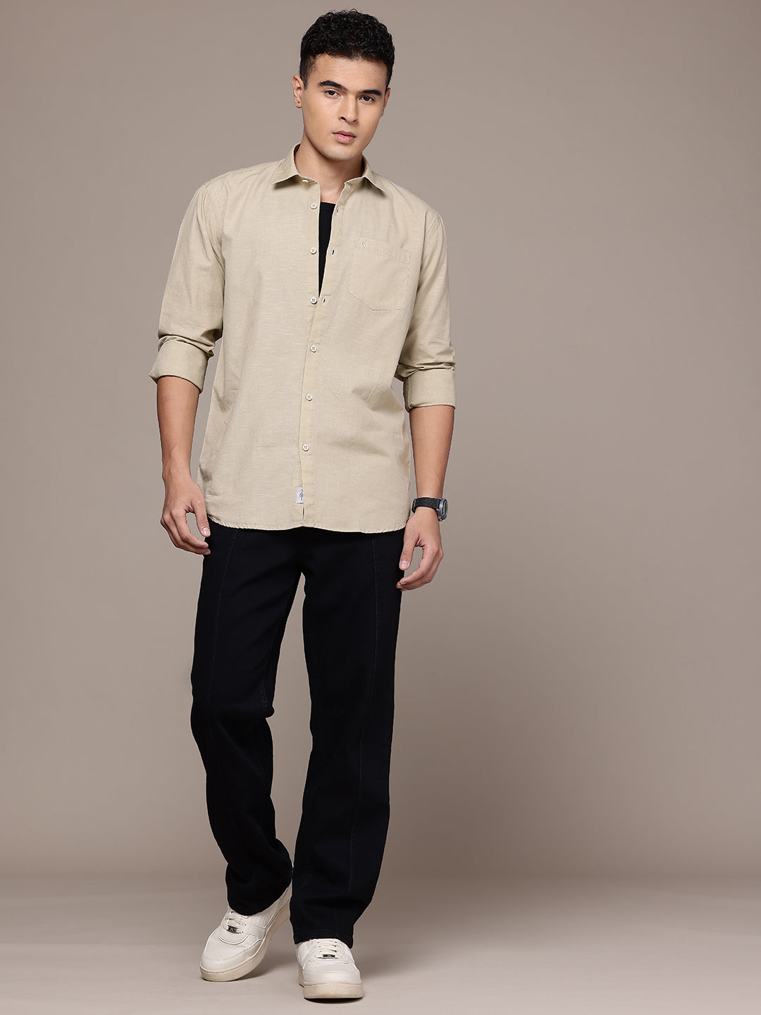 Men’s Beige Linen Full Sleeves Casual Shirt