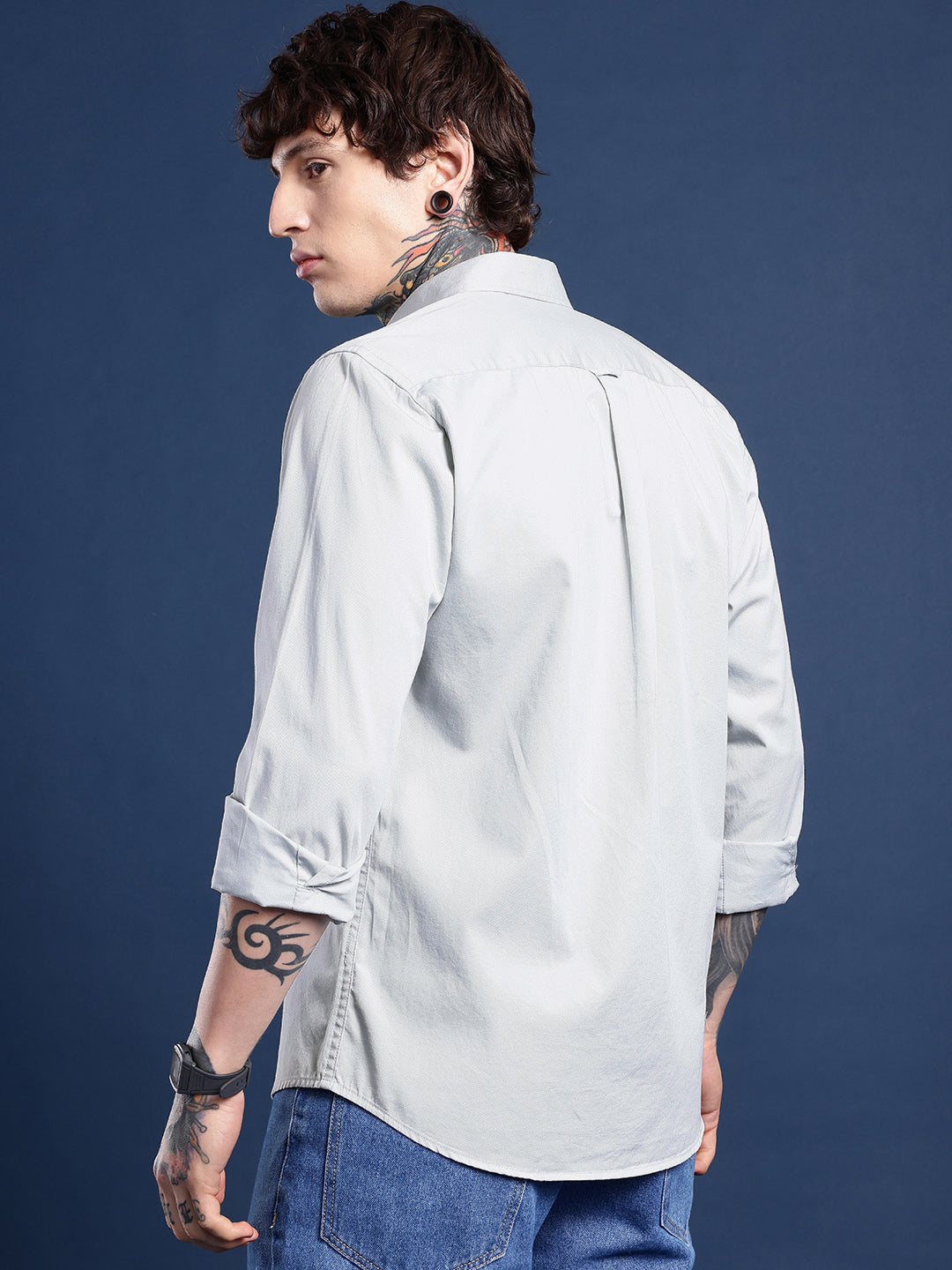 Silver Oxford Cotton Shirt – Button-Down Collar & Chest Pocket