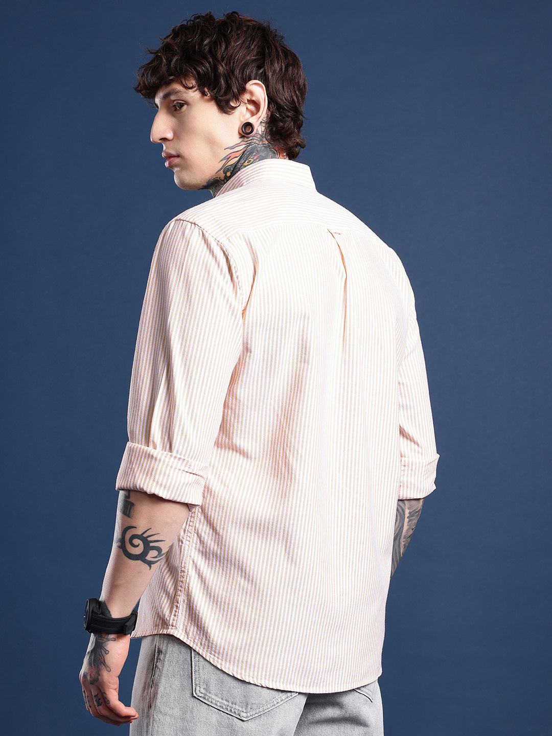 Peach & White Pinstripe Oxford Shirt – Button-Down Collar