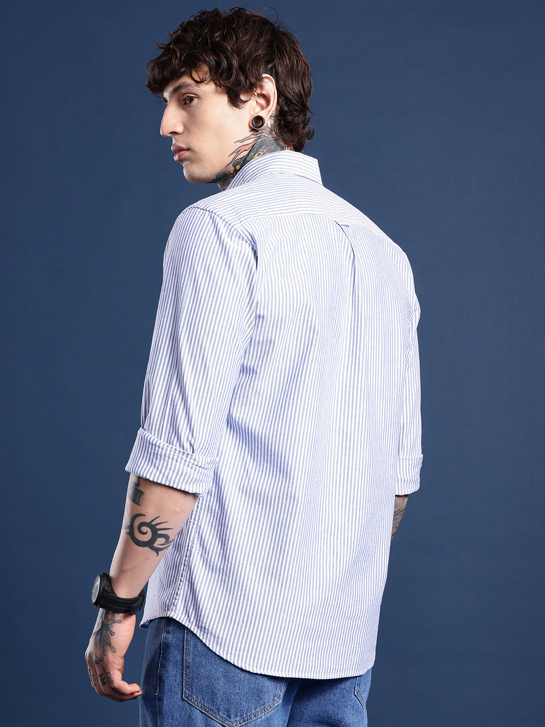 Blue & White Bengal-Stripe Oxford Shirt – Button-Down Collar