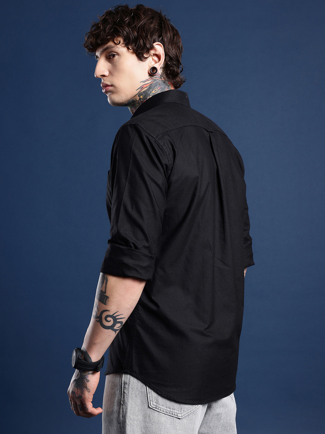 Jet Black Oxford Cotton Shirt – Button-Down Collar & Chest Pocket