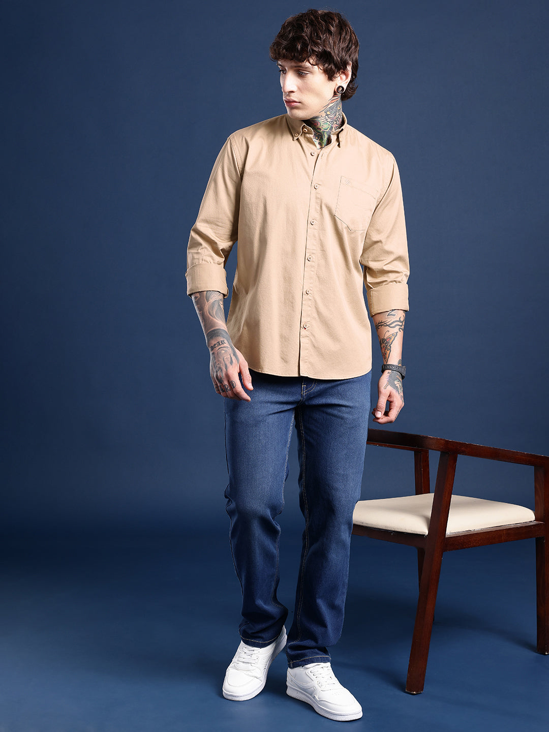 Camel Tan Oxford Cotton Shirt – Button-Down Collar & Chest Pocket