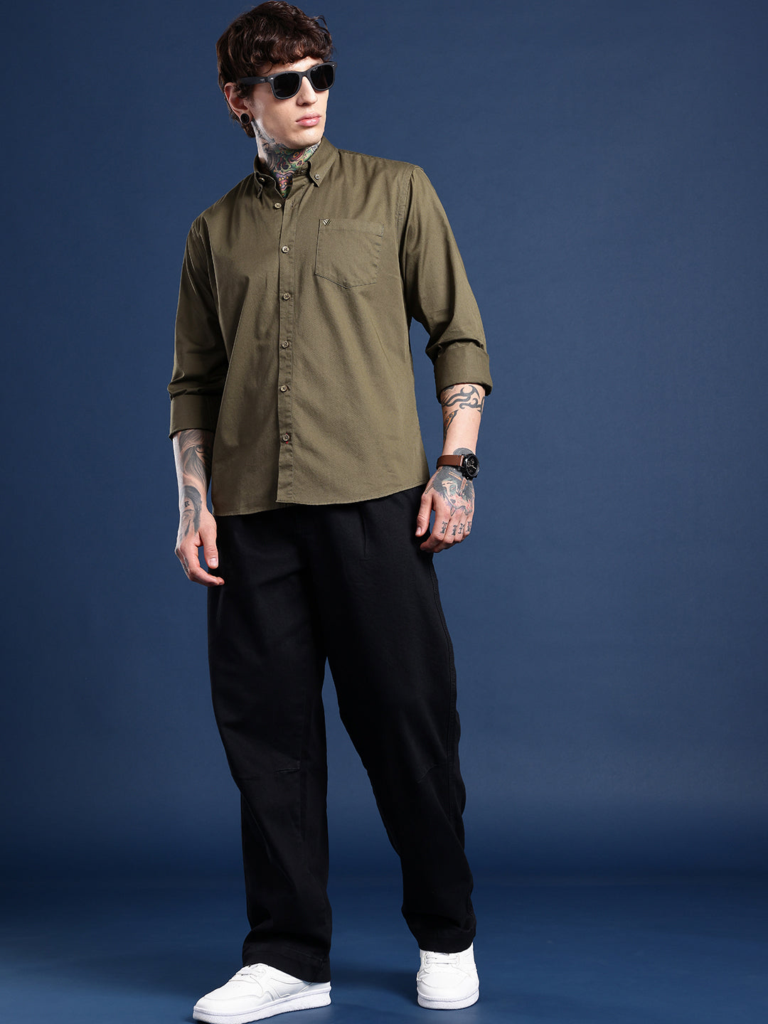 Army Olive Oxford Cotton Shirt – Button-Down Collar & Chest Pocket