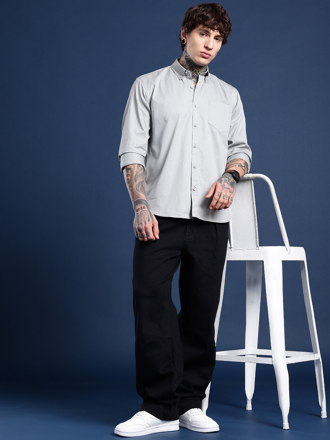 Cloud Grey Oxford Cotton Shirt – Button-Down Collar & Chest Pocket