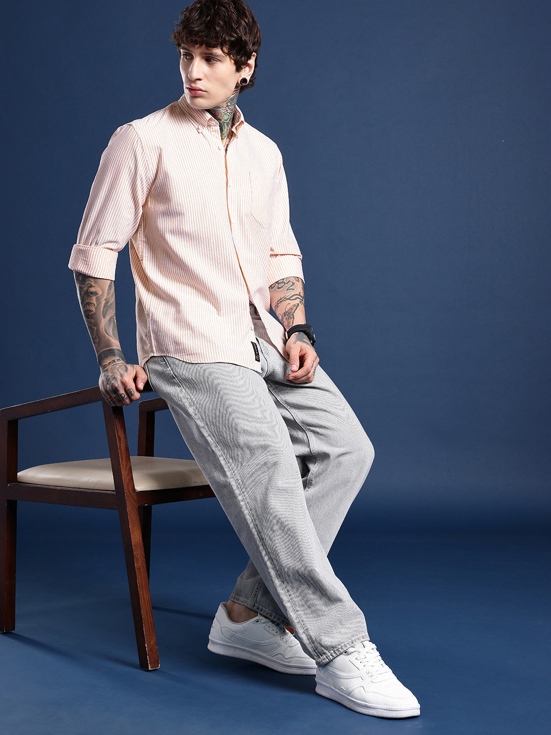 Peach & White Pinstripe Oxford Shirt – Button-Down Collar