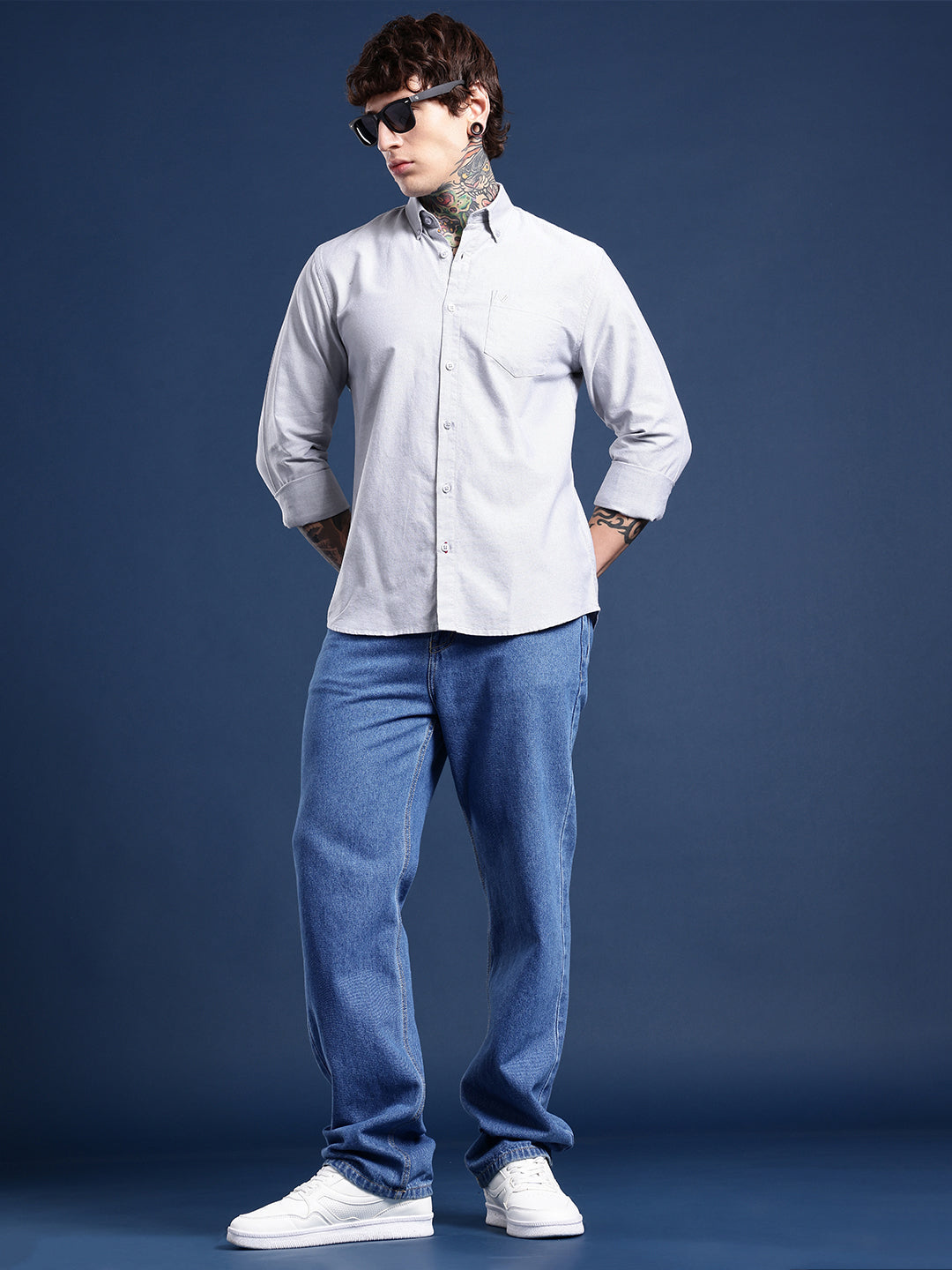 Ash Grey Oxford Cotton Shirt – Button-Down Collar & Chest Pocket