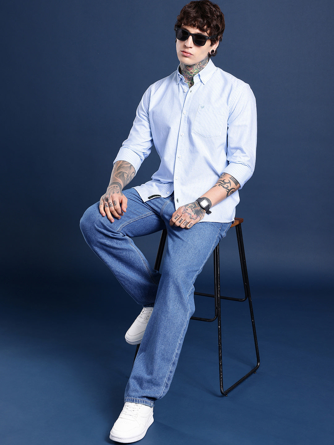 Sky Blue & White Pinstripe Oxford Shirt – Button-Down Collar