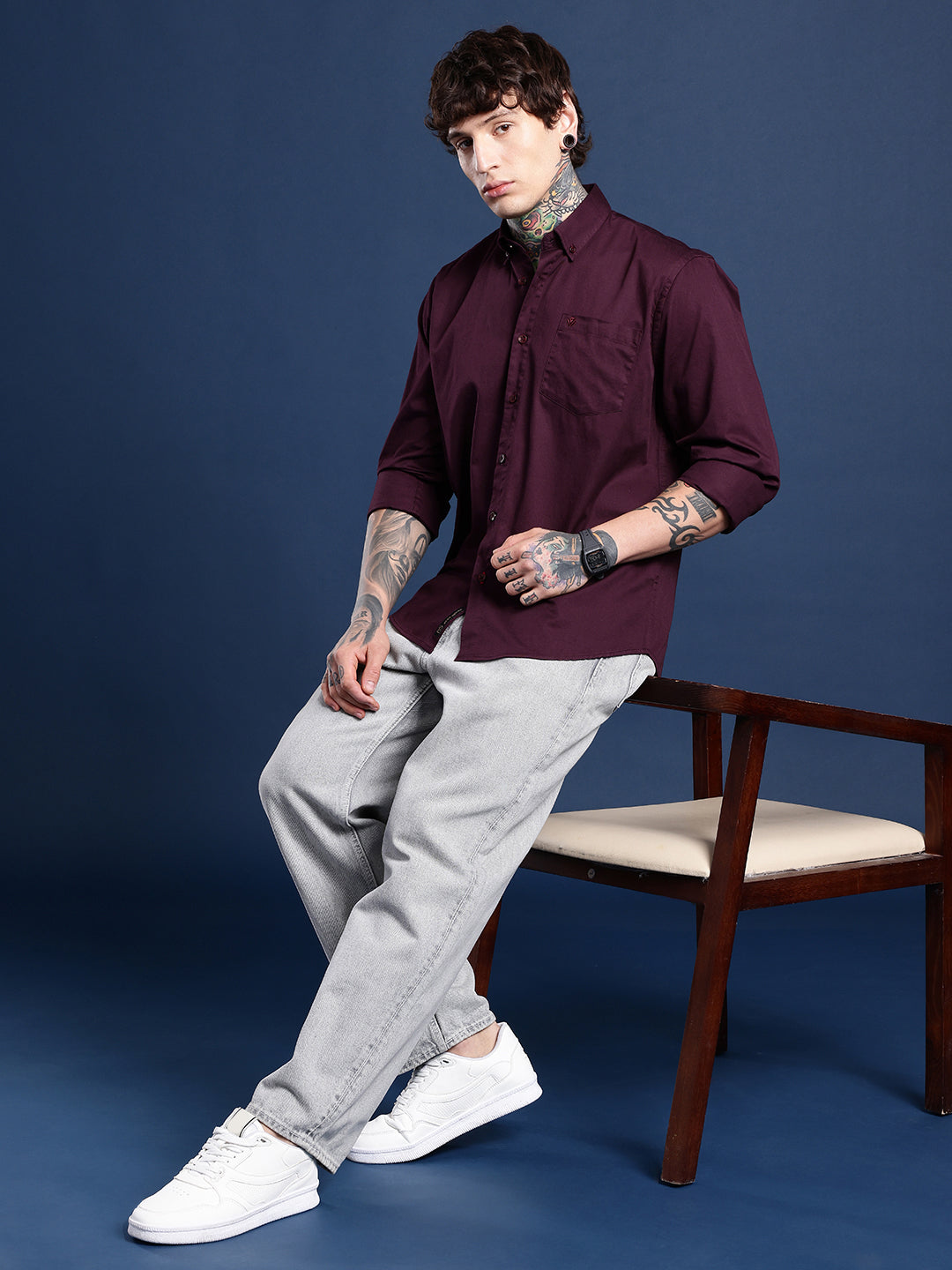 Wine Burgundy Oxford Cotton Shirt – Button-Down Collar & Chest Pocket