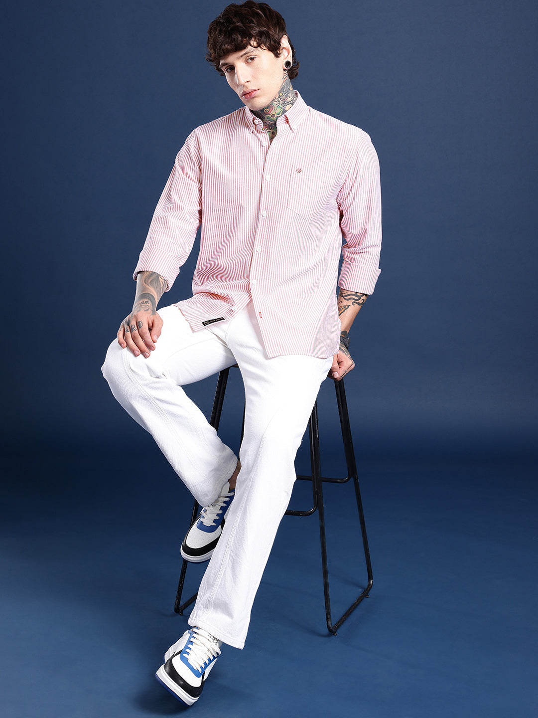 White & Maroon Pinstripe Oxford Shirt – Button-Down Collar