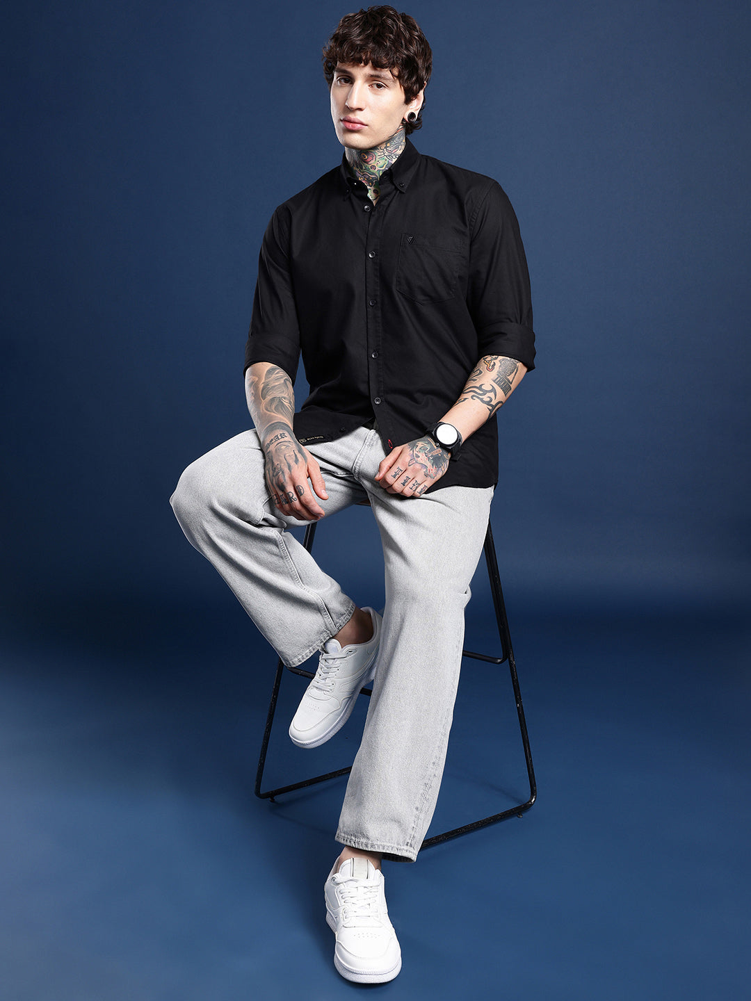 Jet Black Oxford Cotton Shirt – Button-Down Collar & Chest Pocket