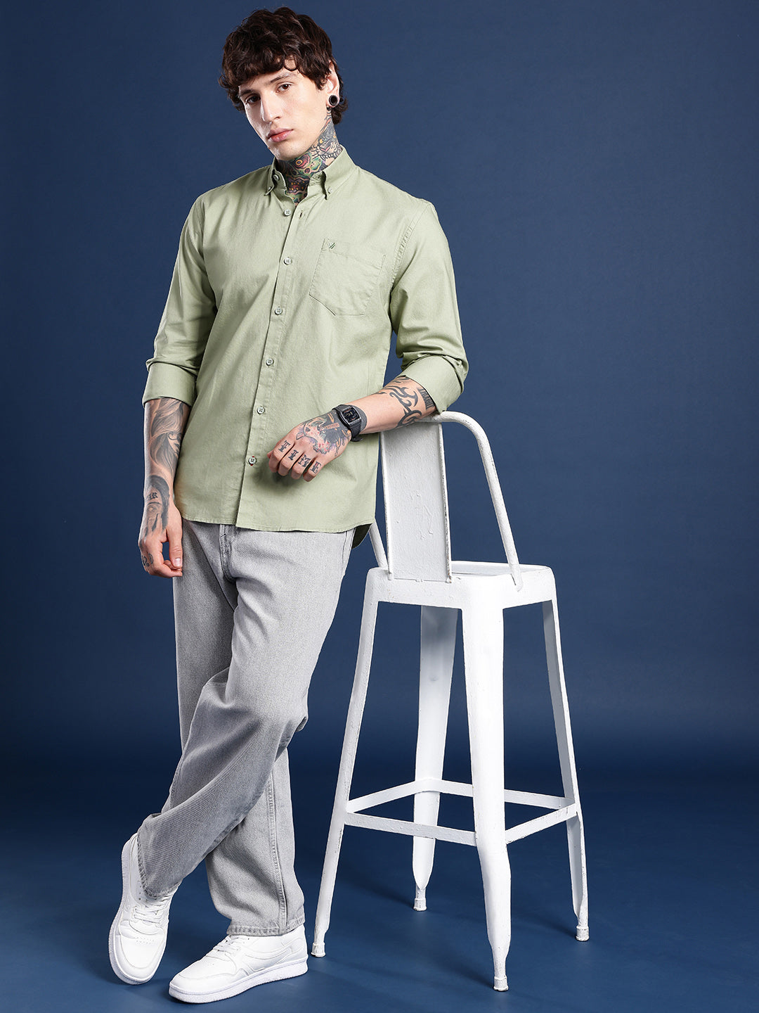 Sage Green Oxford Cotton Shirt – Button-Down Collar & Chest Pocket