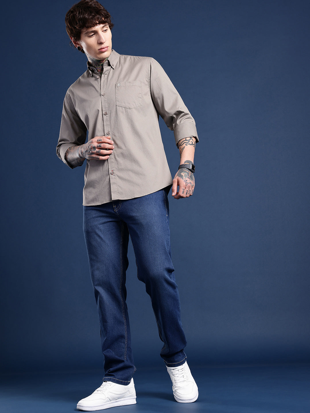 Taupe Grey Oxford Cotton Shirt – Button-Down Collar & Chest Pocket