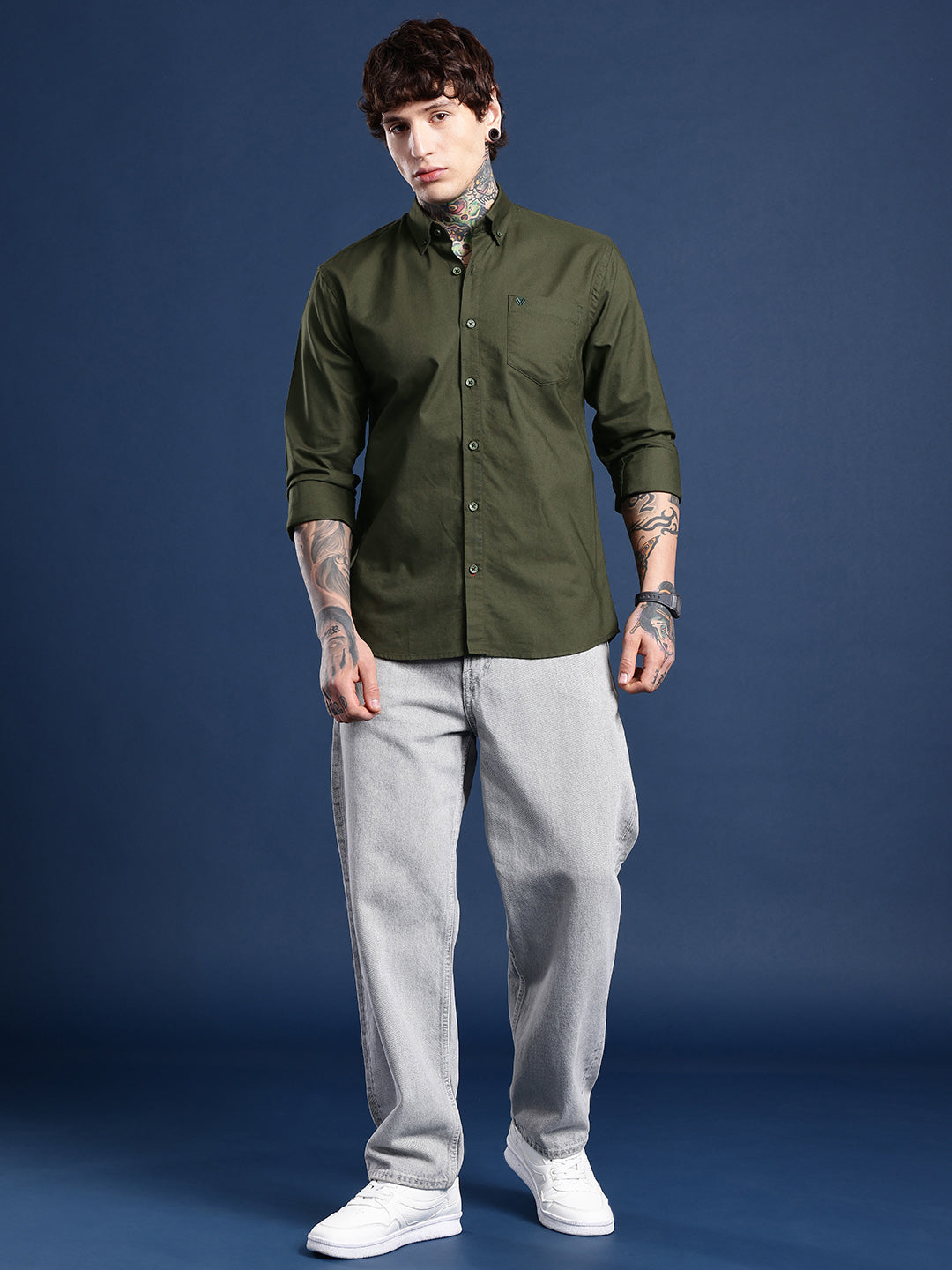 Moss Green Oxford Cotton Shirt – Button-Down Collar & Chest Pocket