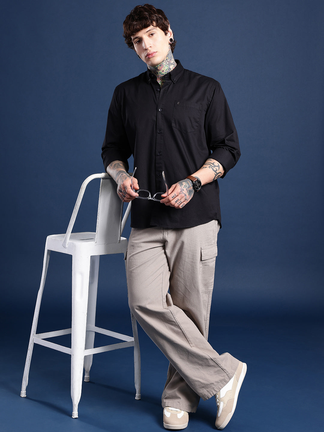 Midnight Black Oxford Cotton Shirt – Button-Down Collar & Chest Pocket