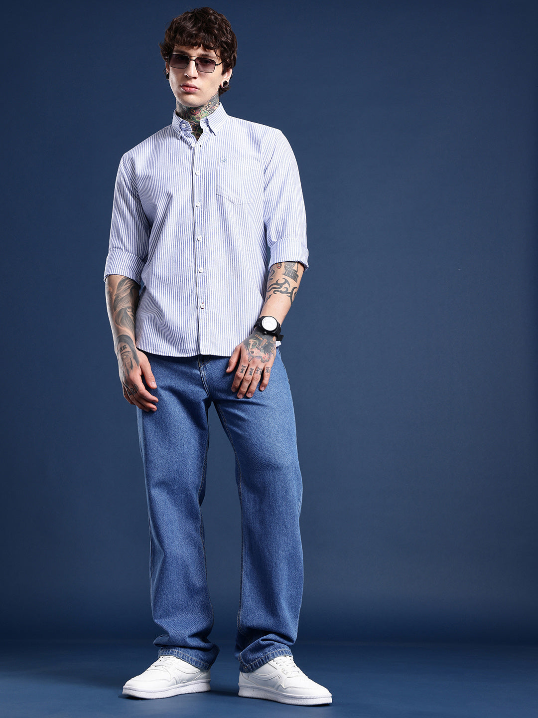 Blue & White Bengal-Stripe Oxford Shirt – Button-Down Collar