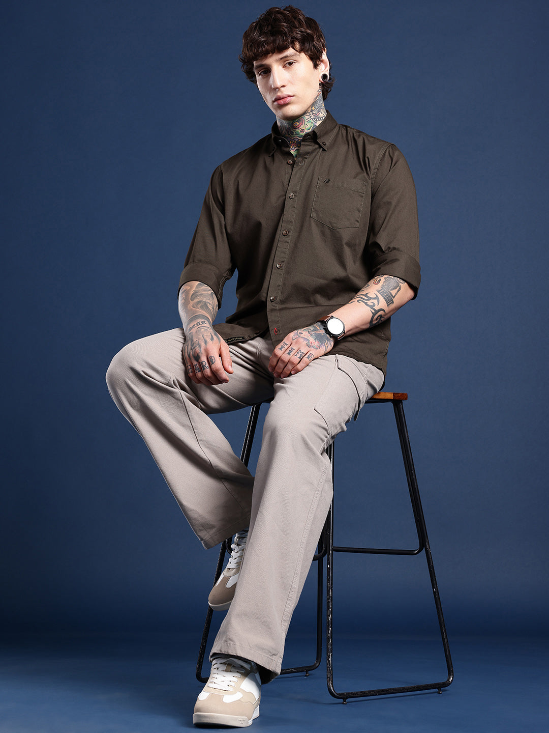 Dark Olive Oxford Cotton Shirt – Button-Down Collar & Chest Pocket