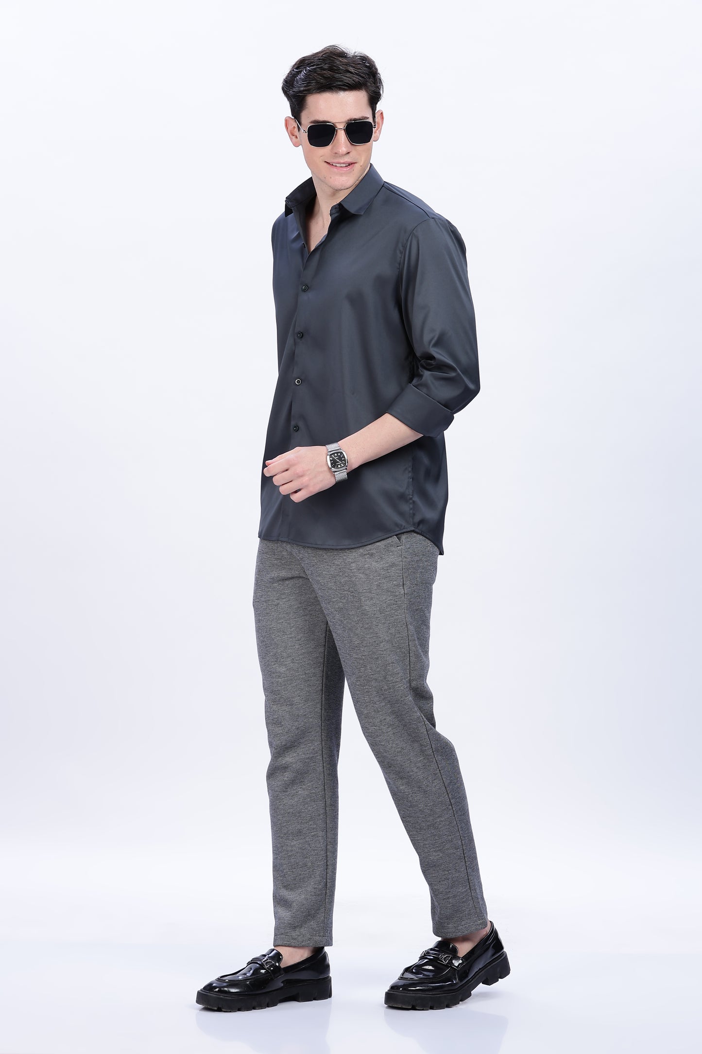 Graphite Luxe-Satin Long-Sleeve Shirt