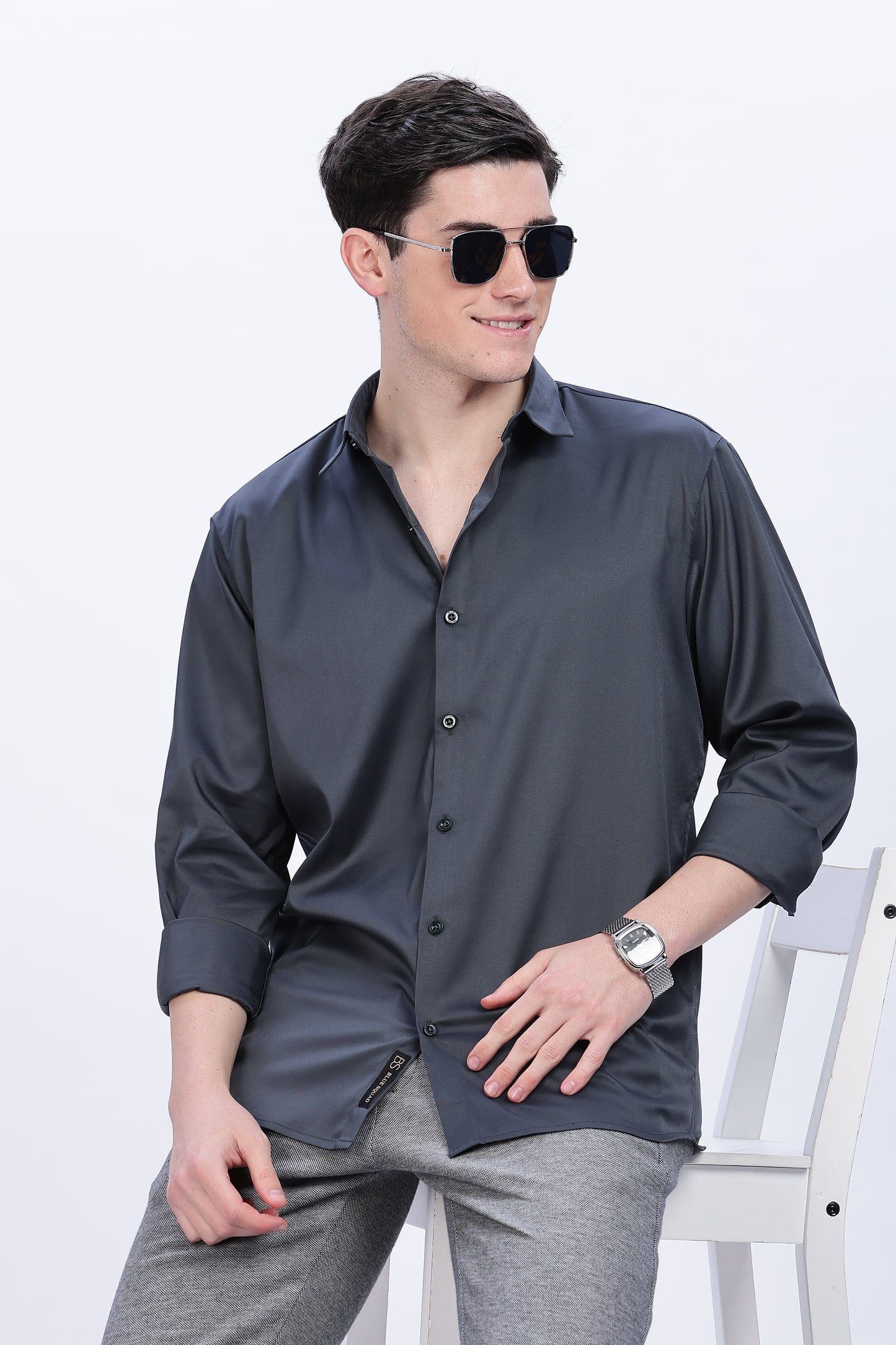 Graphite Luxe-Satin Long-Sleeve Shirt