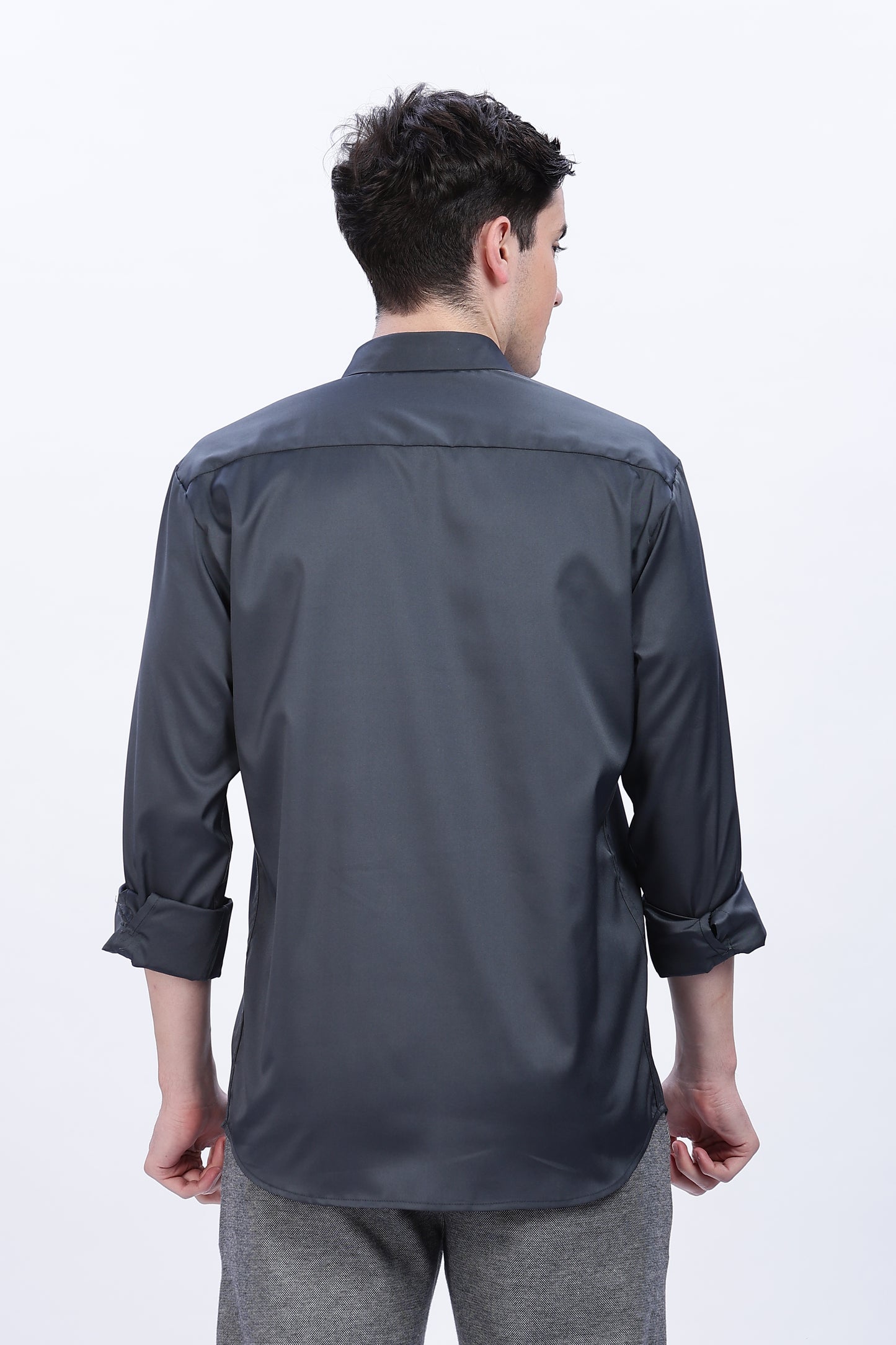 Graphite Luxe-Satin Long-Sleeve Shirt