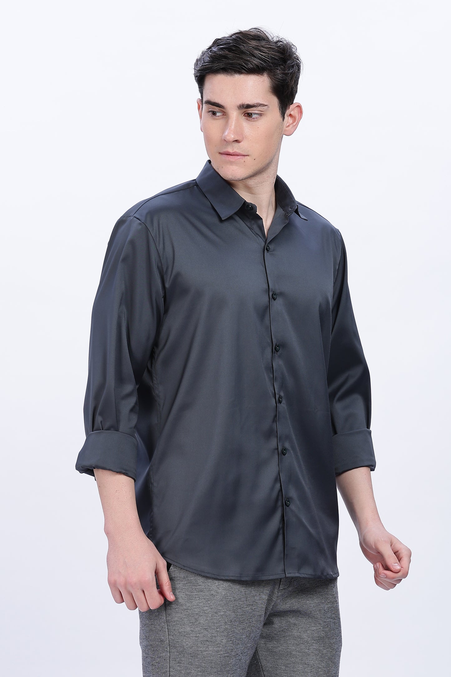 Graphite Luxe-Satin Long-Sleeve Shirt