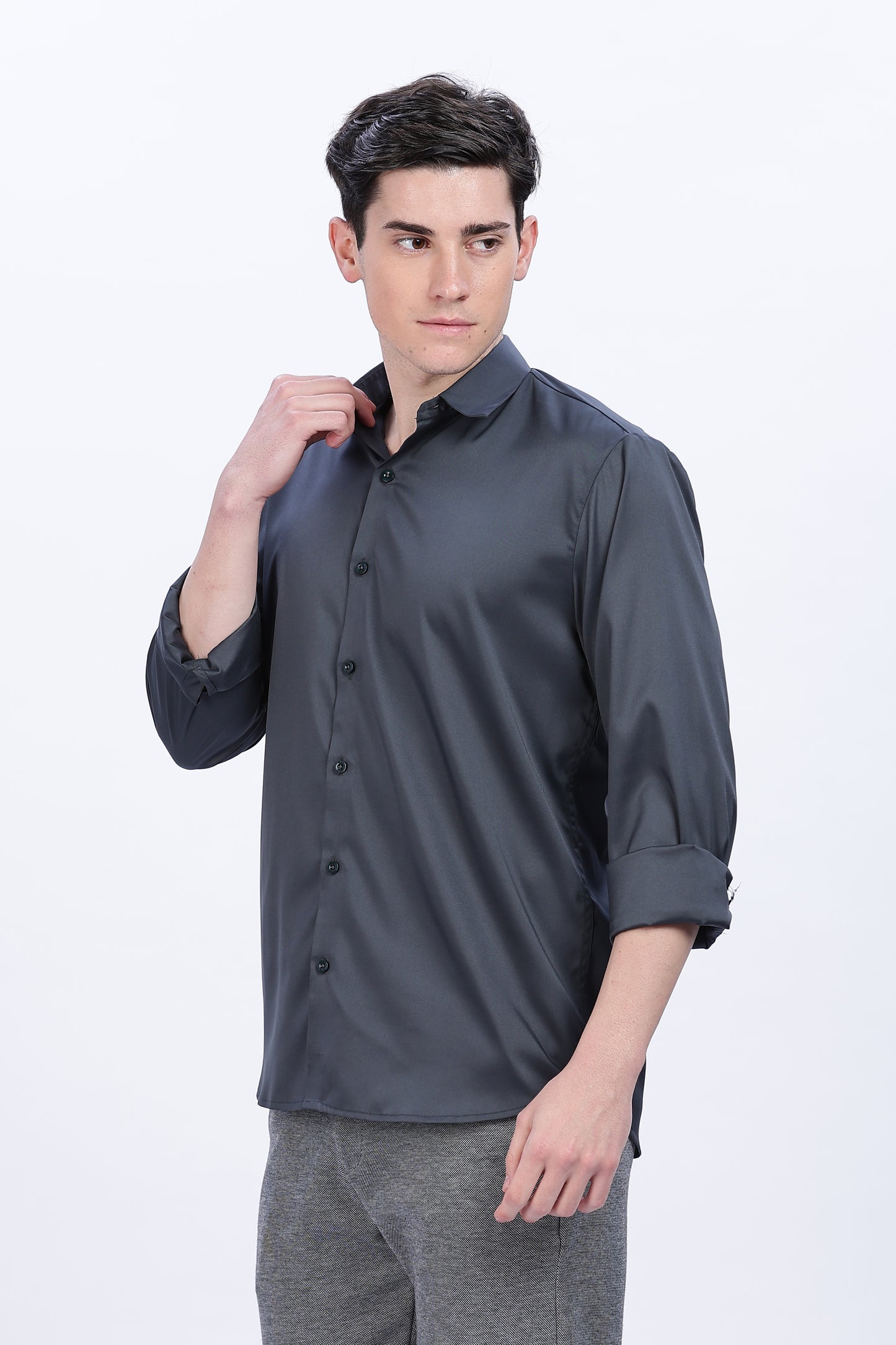 Graphite Luxe-Satin Long-Sleeve Shirt