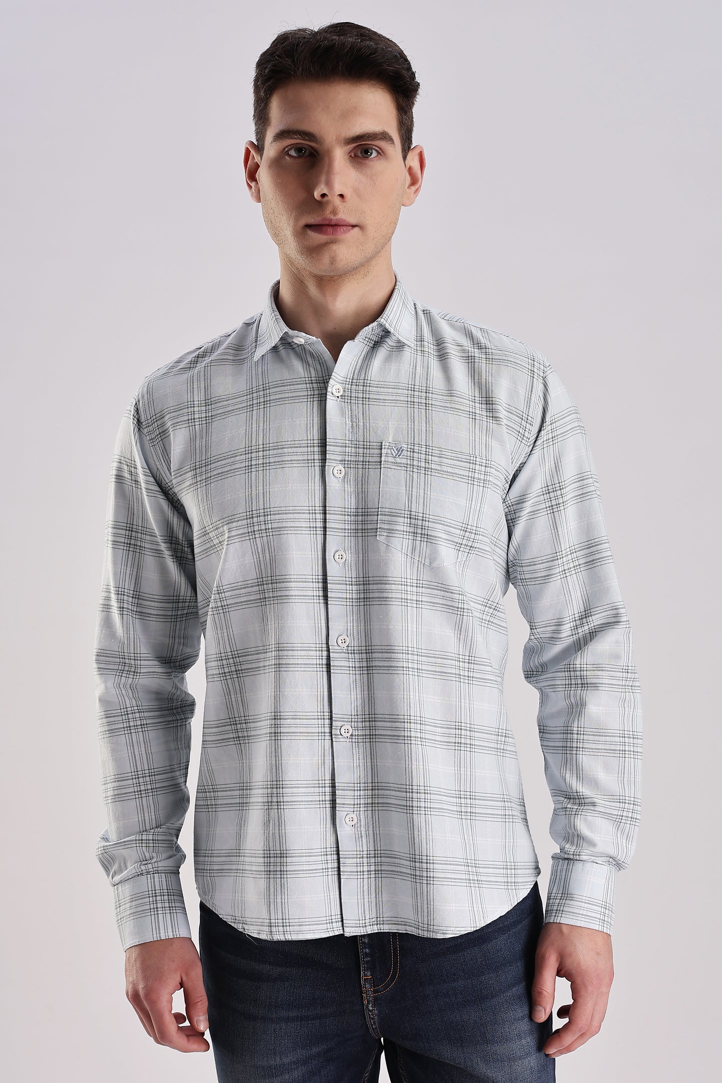 Men’s Plaid Long-Sleeve Shirt – Light Blue & Grey