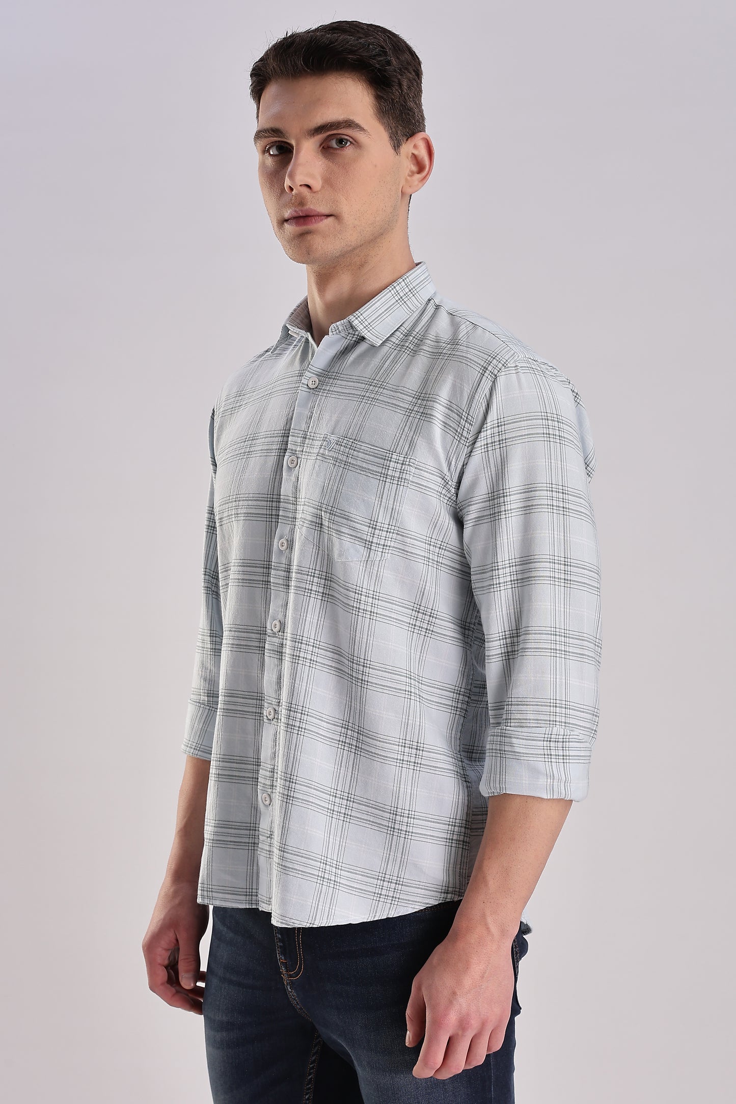 Men’s Plaid Long-Sleeve Shirt – Light Blue & Grey