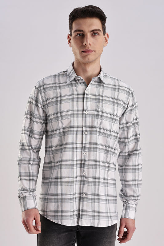 Men’s Plaid Long-Sleeve Shirt – White/Grey & Forest Check